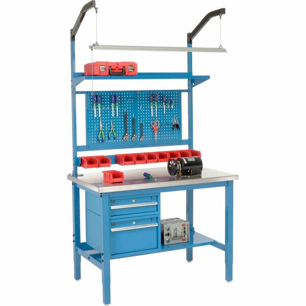 Global Industrial 48x30 Production Workbench, Stainless Steel Square Edge Complete Bench Blue 319303BL
